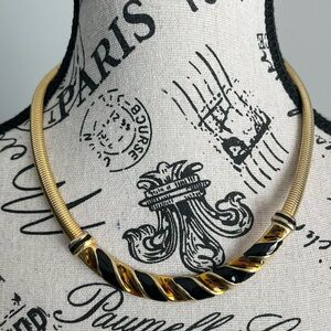 Vintage 80s Gold Tone Black Enamel snake Collar Necklace Statement Choker